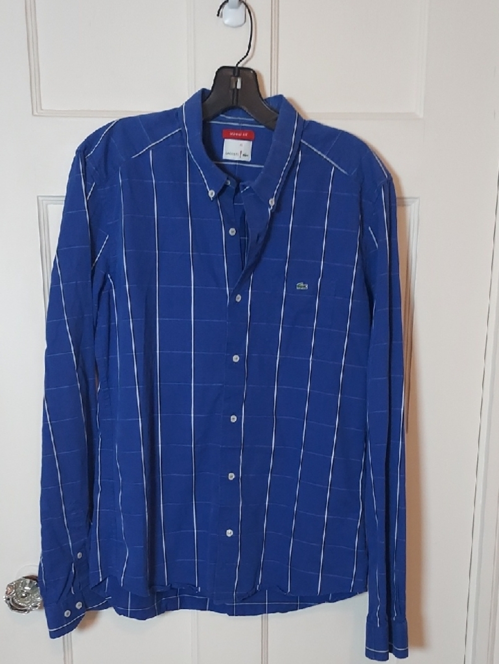 Lacoste Men's Blue Windowpane Button-Down Shirt Slim Fit Size 40 US Medium